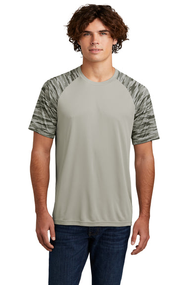 Sport-Tek Mens Drift Camo Colorblock Short Sleeve Crewneck T-Shirt Silver Grey Front