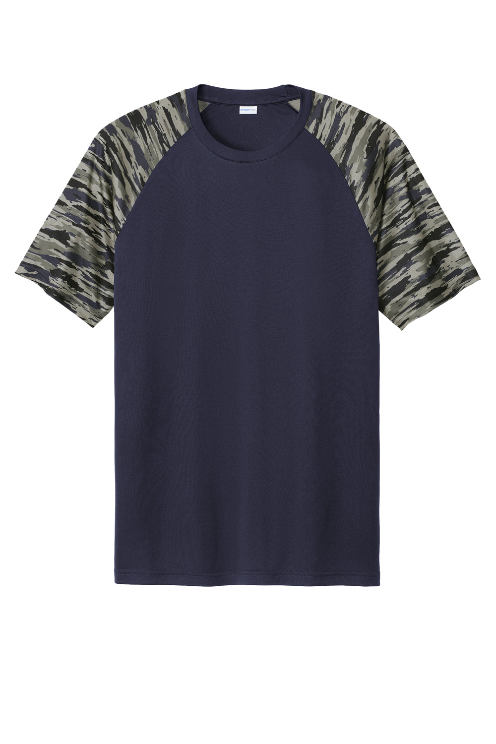 Sport-Tek Mens Drift Camo Colorblock Short Sleeve Crewneck T-Shirt True Navy Blue Flat Front