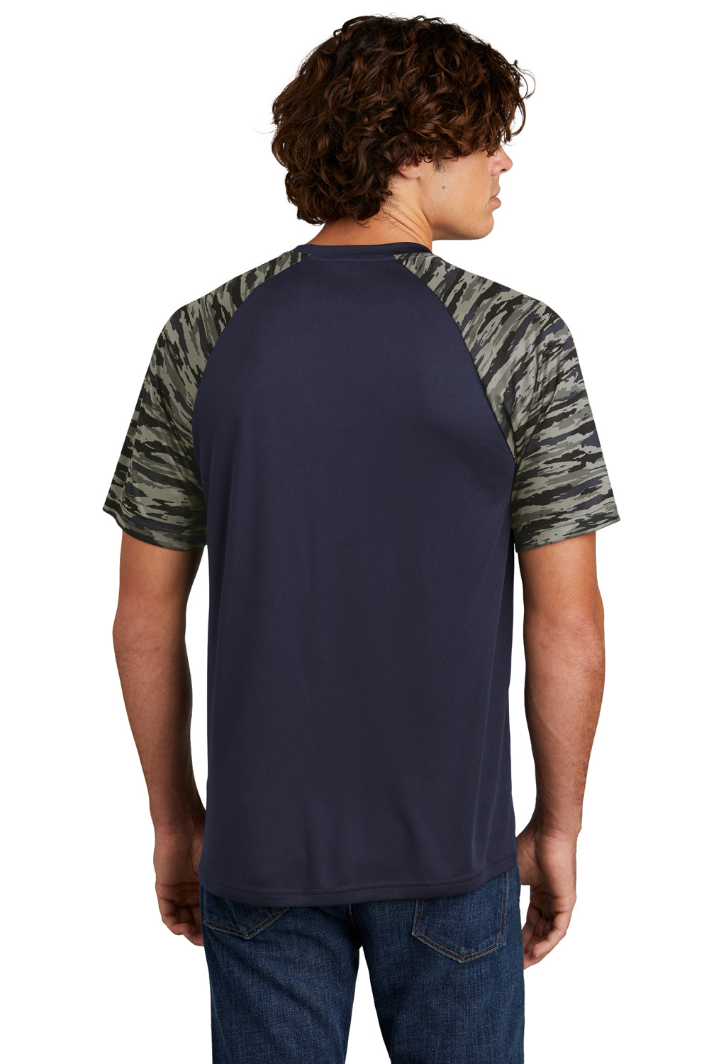 Sport-Tek Mens Drift Camo Colorblock Short Sleeve Crewneck T-Shirt True Navy Blue Back