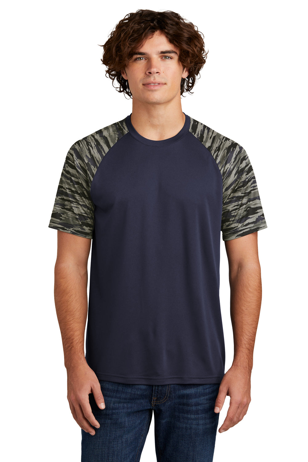 Sport-Tek Mens Drift Camo Colorblock Short Sleeve Crewneck T-Shirt True Navy Blue Front