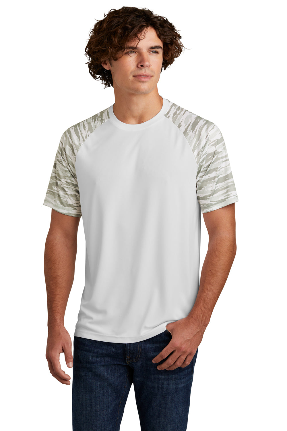 Sport-Tek Mens Drift Camo Colorblock Short Sleeve Crewneck T-Shirt White Front