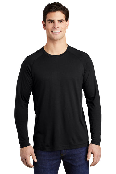Sport-Tek Mens Moisture Wicking Long Sleeve Crewneck T-Shirt Black Front