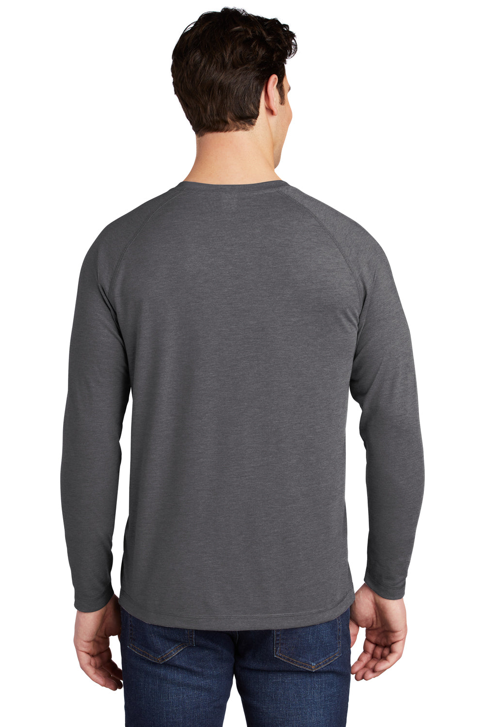 Sport-Tek Mens Moisture Wicking Long Sleeve Crewneck T-Shirt Heather Dark Grey Side
