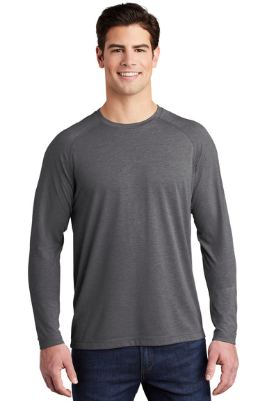 Sport-Tek Mens Moisture Wicking Long Sleeve Crewneck T-Shirt Heather Dark Grey Front