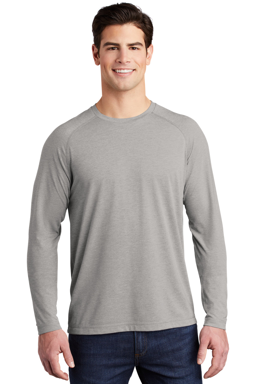 Sport-Tek Mens Moisture Wicking Long Sleeve Crewneck T-Shirt Heather Light Grey Front