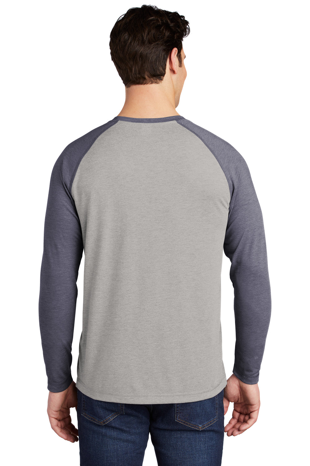 Sport-Tek Mens Moisture Wicking Long Sleeve Crewneck T-Shirt Heather True Navy Blue/Heather Light Grey Side
