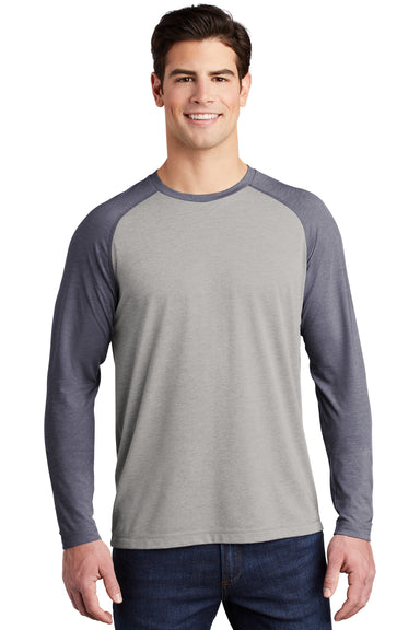 Sport-Tek Mens Moisture Wicking Long Sleeve Crewneck T-Shirt Heather True Navy Blue/Heather Light Grey Front