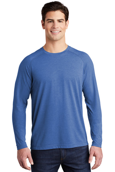 Sport-Tek Mens Moisture Wicking Long Sleeve Crewneck T-Shirt Heather True Royal Blue Front