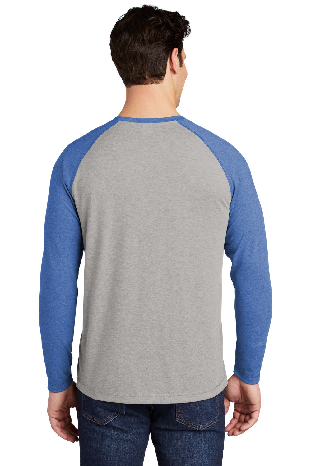 Sport-Tek Mens Moisture Wicking Long Sleeve Crewneck T-Shirt Heather True Royal Blue/Heather Light Grey Side