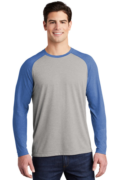 Sport-Tek Mens Moisture Wicking Long Sleeve Crewneck T-Shirt Heather True Royal Blue/Heather Light Grey Front