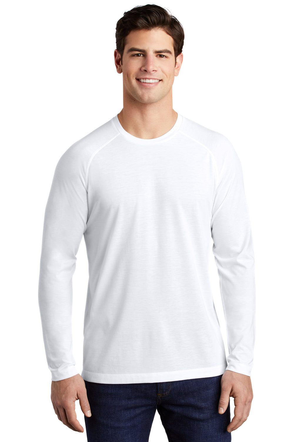 Sport-Tek Mens Moisture Wicking Long Sleeve Crewneck T-Shirt White Front