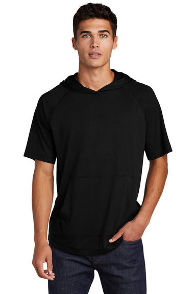 Sport-Tek Mens Mousite Wicking Short Sleeve Hooded T-Shirt Hoodie Black Front