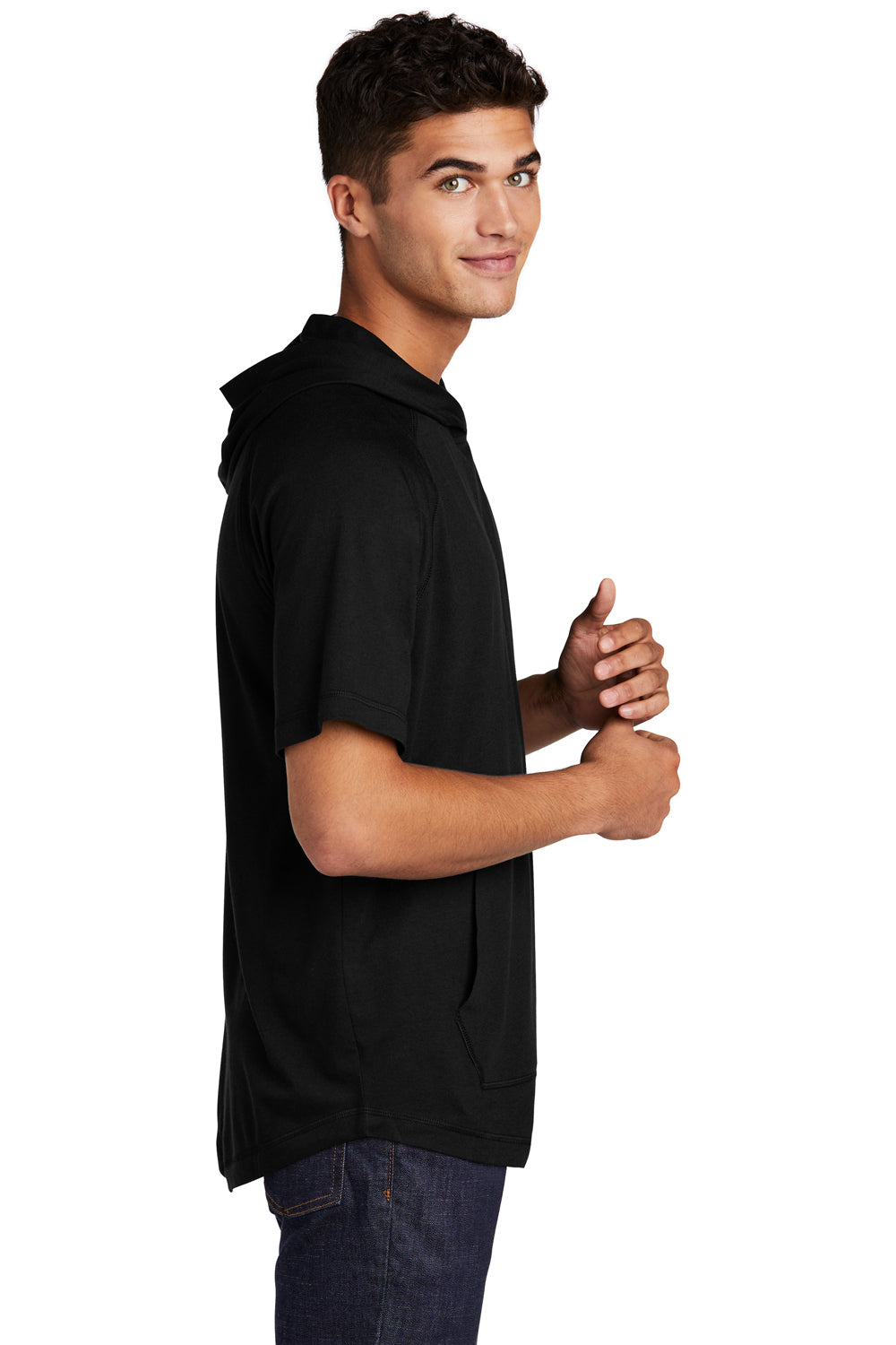 Sport-Tek Mens Mousite Wicking Short Sleeve Hooded T-Shirt Hoodie Black Side
