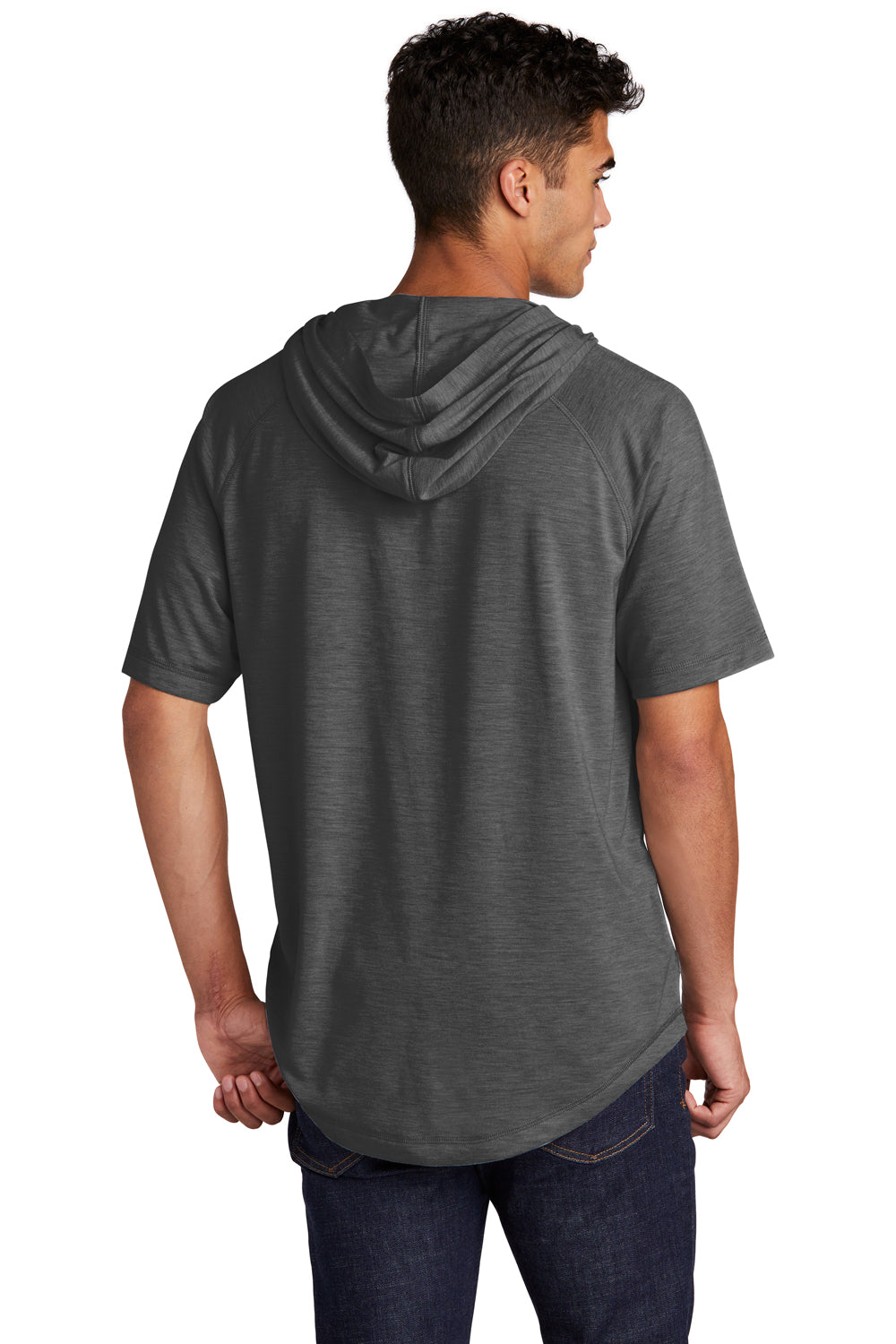 Sport-Tek Mens Mousite Wicking Short Sleeve Hooded T-Shirt Hoodie Heather Dark Grey Side