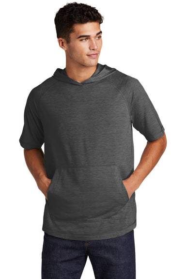 Sport-Tek Mens Mousite Wicking Short Sleeve Hooded T-Shirt Hoodie Heather Dark Grey Front