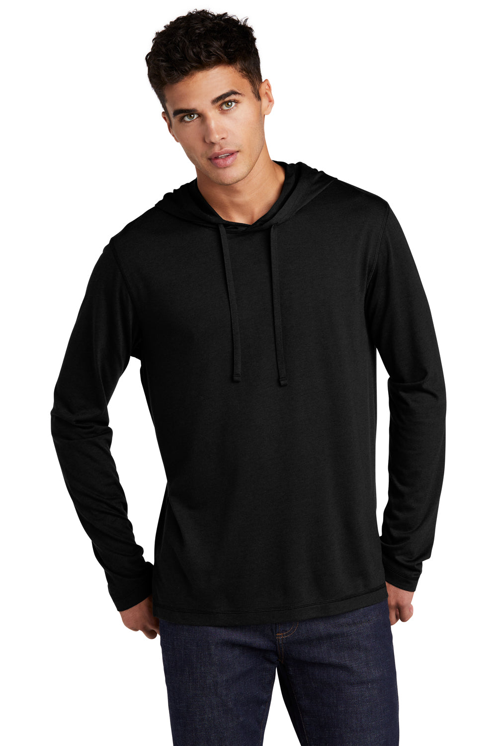Sport-Tek Mens Moisture Wicking Long Sleeve Hooded T-Shirt Hoodie Black Front