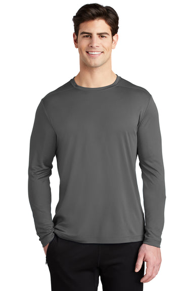 Sport-Tek Mens Long Sleeve Crewneck T-Shirt Dark Smoke Grey Front
