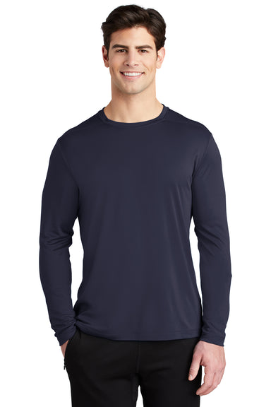 Sport-Tek Mens Long Sleeve Crewneck T-Shirt True Navy Blue Front