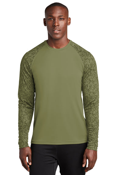 Sport-Tek Mens Digi Camo Long Sleeve Crewneck T-Shirt Olive Drab Green Front