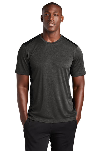 Sport-Tek Mens Endeavor Short Sleeve Crewneck T-Shirt Heather Black/Black Front