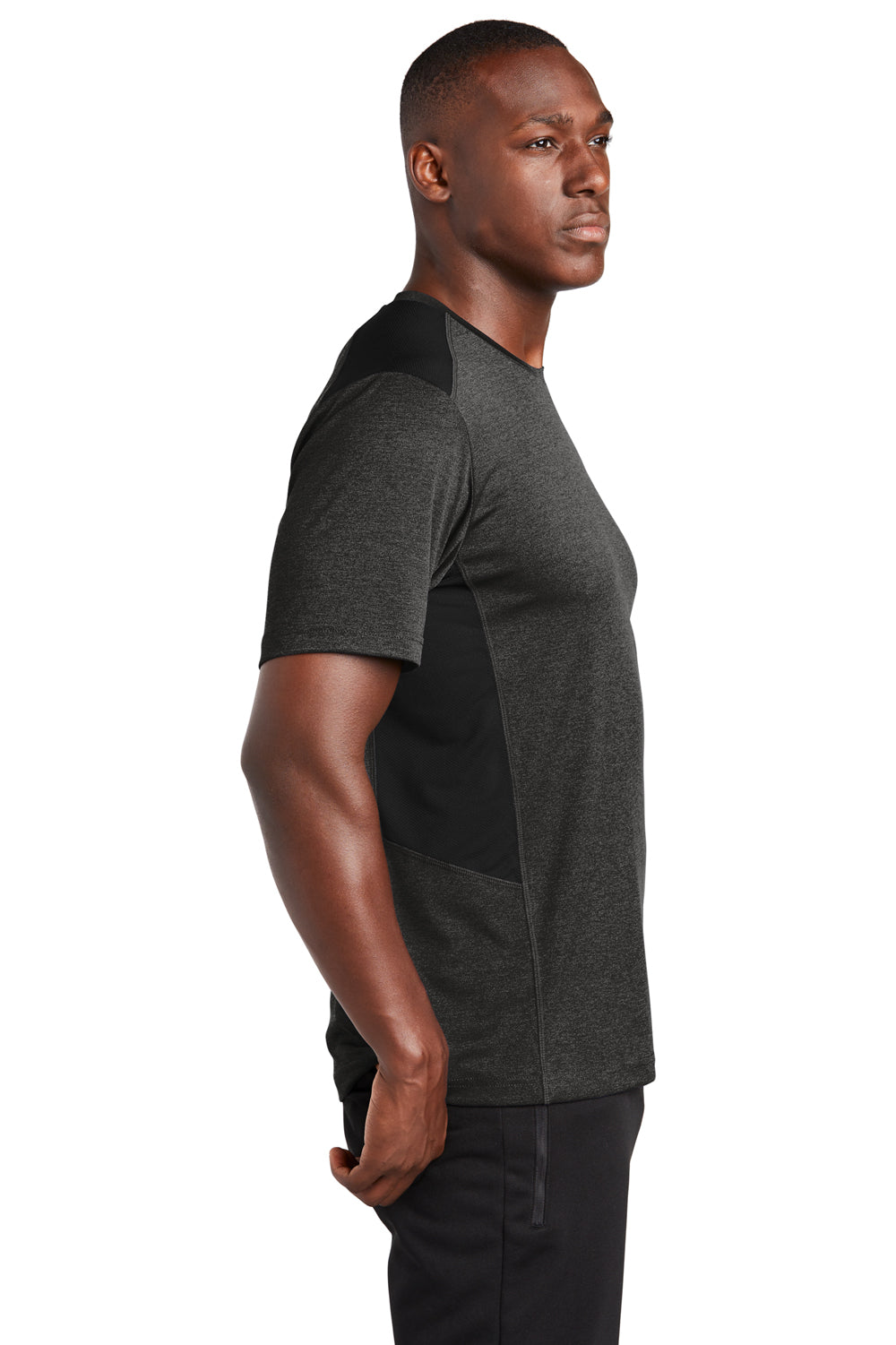 Sport-Tek Mens Endeavor Short Sleeve Crewneck T-Shirt Heather Black/Black Side