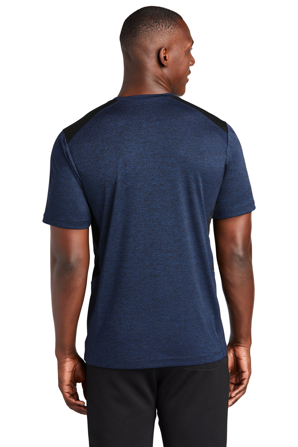 Sport-Tek Mens Endeavor Short Sleeve Crewneck T-Shirt Heather Dark Royal Blue/Black Side