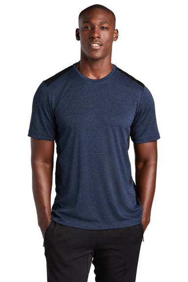 Sport-Tek Mens Endeavor Short Sleeve Crewneck T-Shirt Heather Dark Royal Blue/Black Front