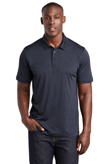 Sport-Tek Mens Endeavor Short Sleeve Polo Shirt Heather Deep Navy Blue Front