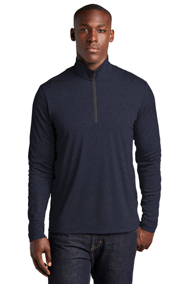 Sport-Tek Mens Endeavor 1/4 Zip Sweatshirt Heather Deep Navy Blue Front