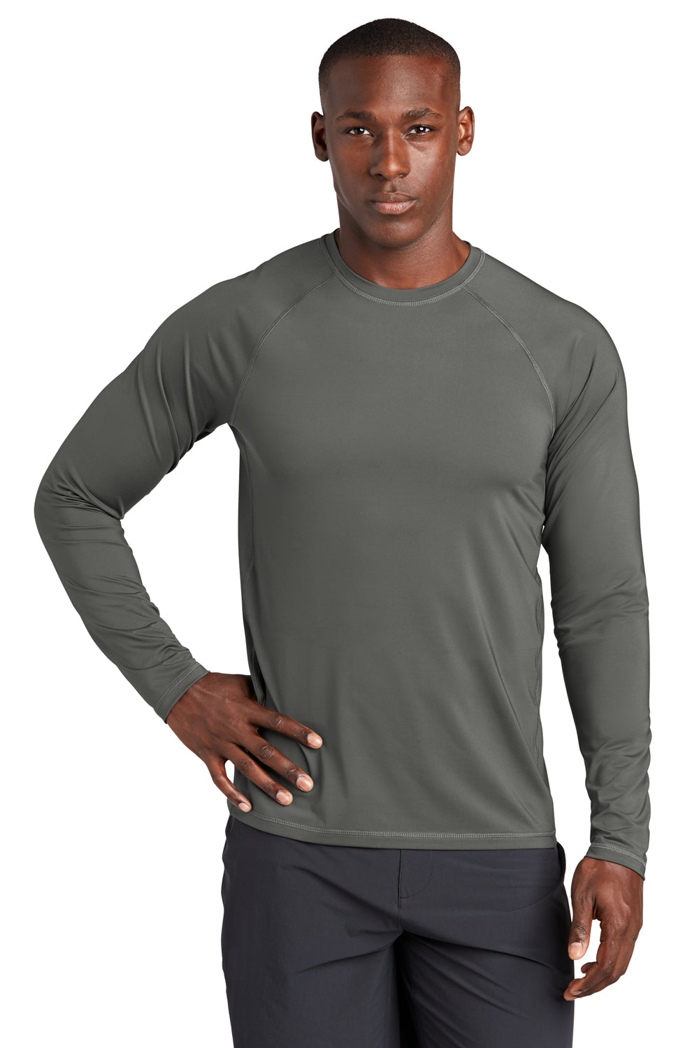 Sport-Tek Mens Rashguard Long Sleeve Crewneck T-Shirt Dark Smoke Grey Front