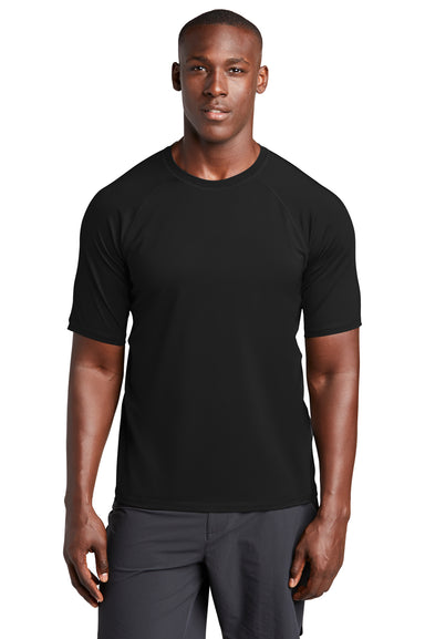 Sport-Tek Mens Rashguard Short Sleeve Crewneck T-Shirt Black Front