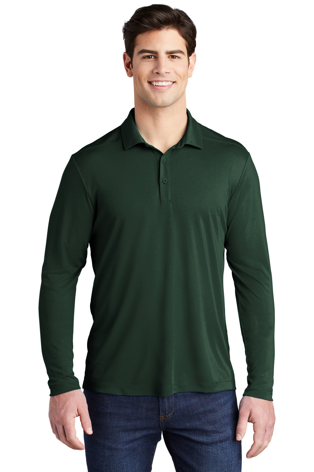 Sport-Tek Mens Long Sleeve Polo Shirt Forest Green Front
