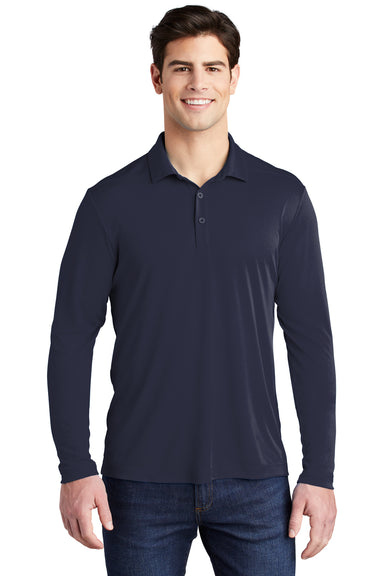 Sport-Tek Mens Long Sleeve Polo Shirt True Navy Blue Front