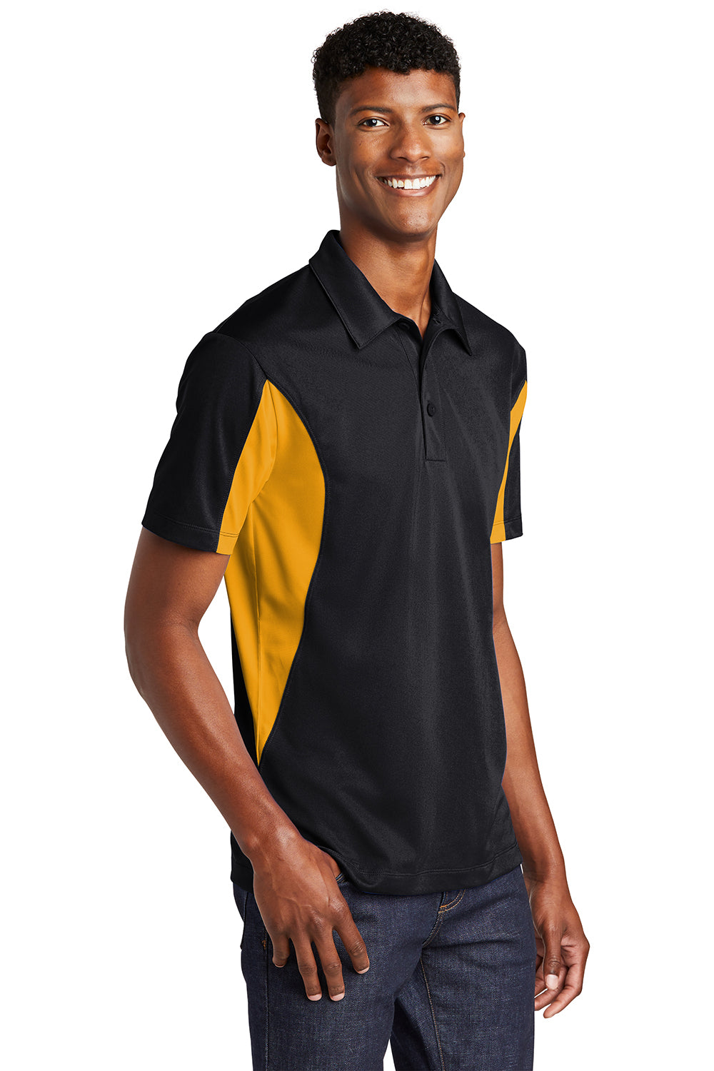 Sport-Tek Mens Sport-Wick Moisture Wicking Short Sleeve Polo Shirt Black/Gold 3Q