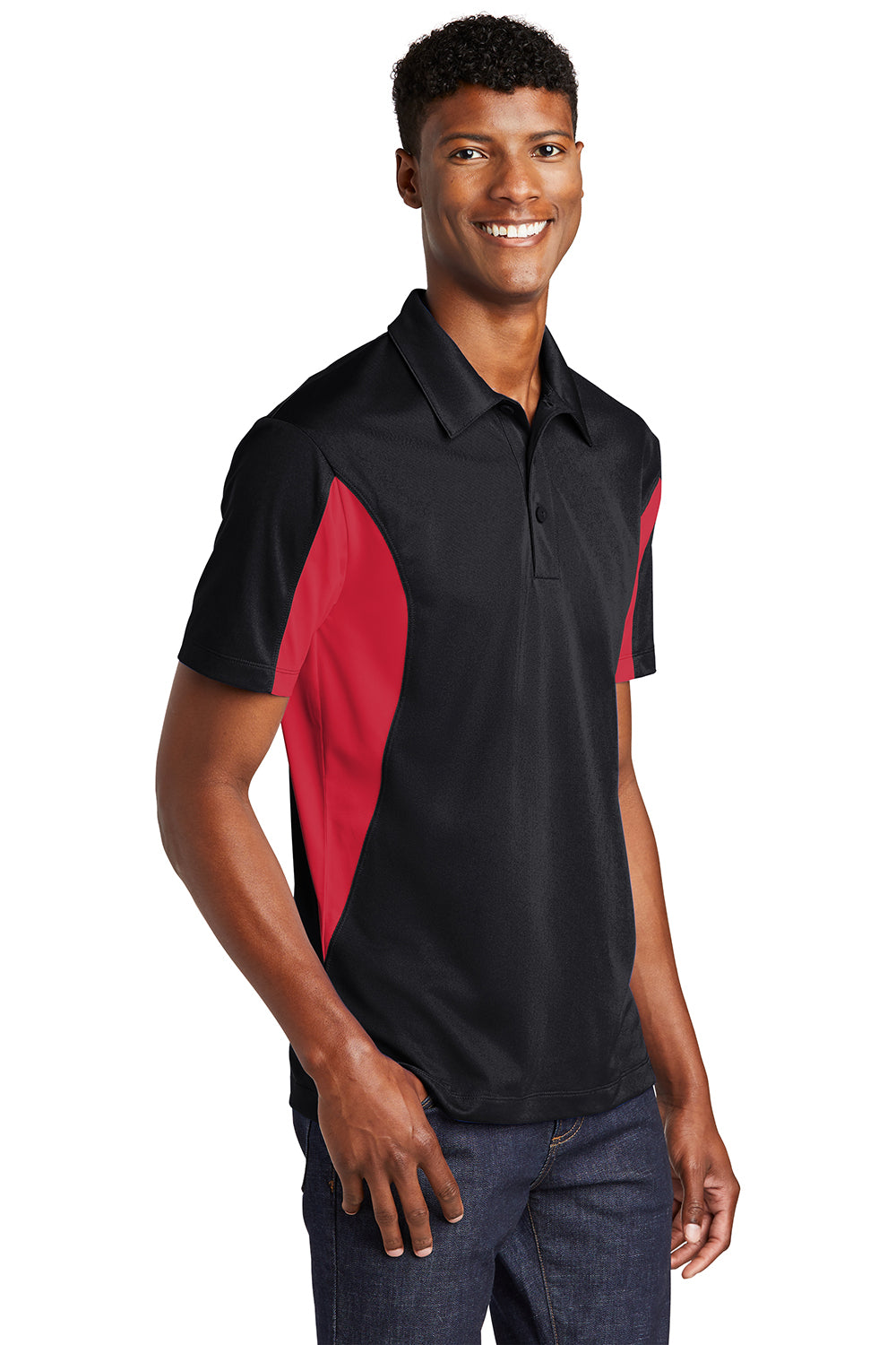 Sport-Tek Mens Sport-Wick Moisture Wicking Short Sleeve Polo Shirt Black/True Red 3Q