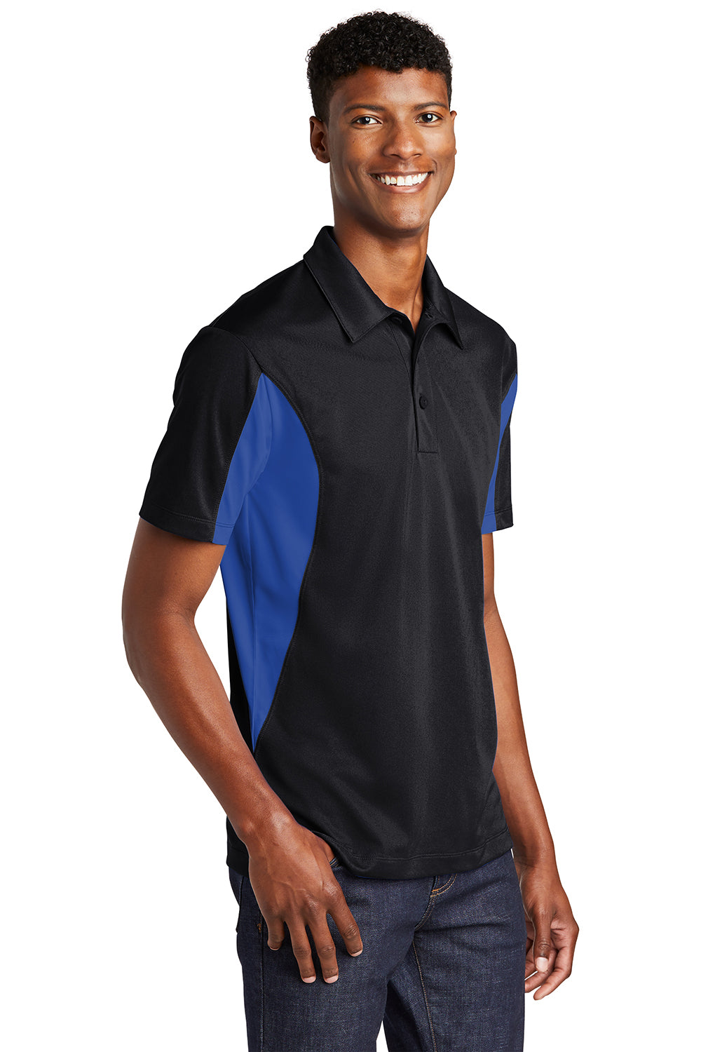 Sport-Tek Mens Sport-Wick Moisture Wicking Short Sleeve Polo Shirt Black/True Royal Blue 3Q