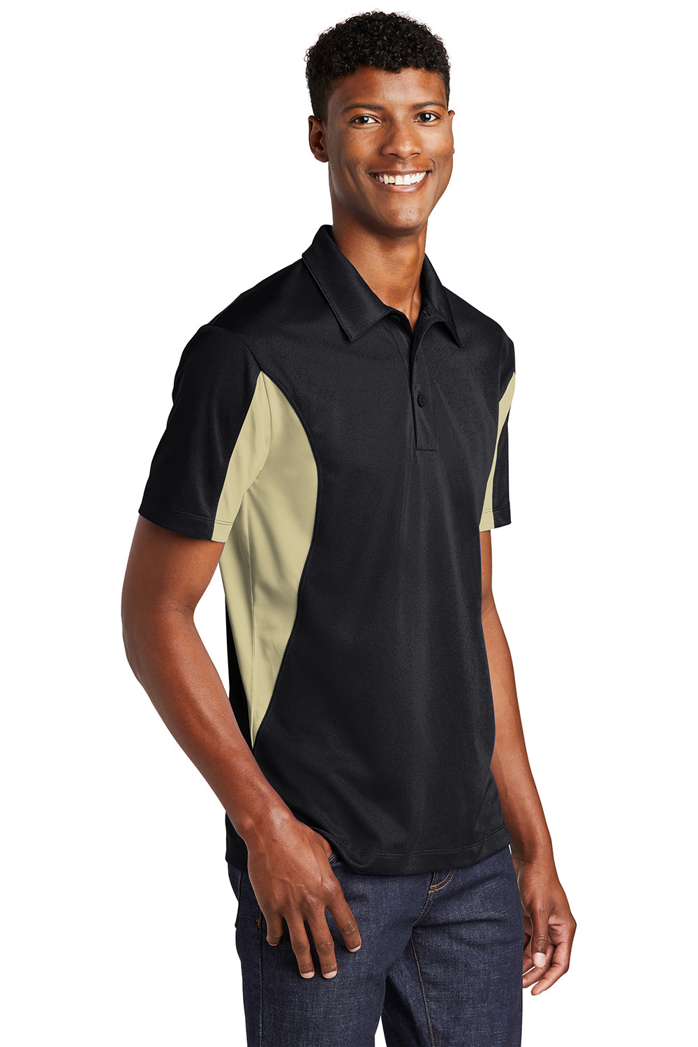 Sport-Tek Mens Sport-Wick Moisture Wicking Short Sleeve Polo Shirt Black/Vegas Gold 3Q