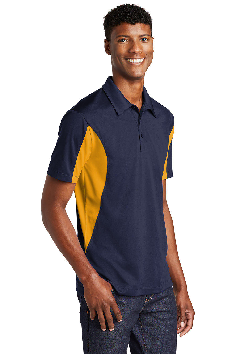Sport-Tek Mens Sport-Wick Moisture Wicking Short Sleeve Polo Shirt True Navy Blue/Gold 3Q
