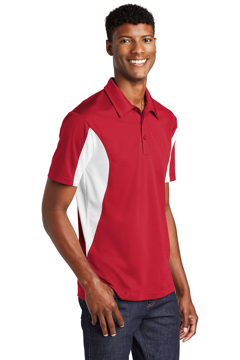 Sport-Tek Mens Sport-Wick Moisture Wicking Short Sleeve Polo Shirt True Red/White 3Q