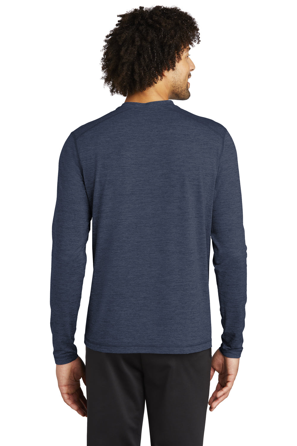 Sport-Tek Mens Exchange 1.5 Long Sleeve Crewneck T-Shirt Heather Dark Denim Blue Side