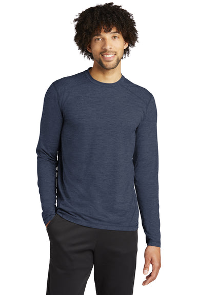 Sport-Tek Mens Exchange 1.5 Long Sleeve Crewneck T-Shirt Heather Dark Denim Blue Front