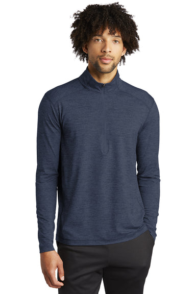 Sport-Tek Mens Exchange 1.5 Long Sleeve 1/4 Zip T-Shirt Heather Dark Denim Blue Front