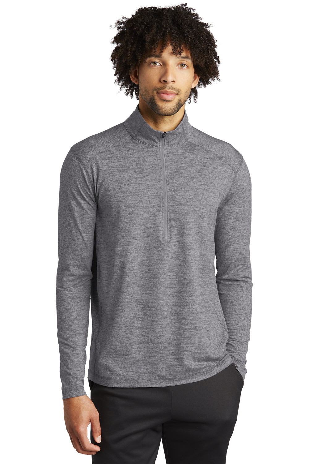 Sport-Tek Mens Exchange 1.5 Long Sleeve 1/4 Zip T-Shirt Heather Grey Front