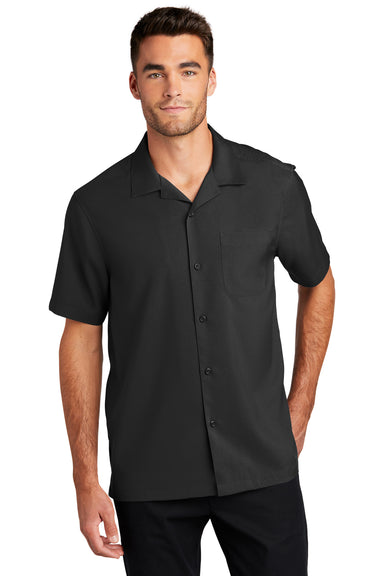 Port Authority Mens Performance Short Sleeve Button Down Camp Shirt Black Front