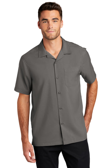 Port Authority Mens Performance Short Sleeve Button Down Camp Shirt Graphite Grey Front