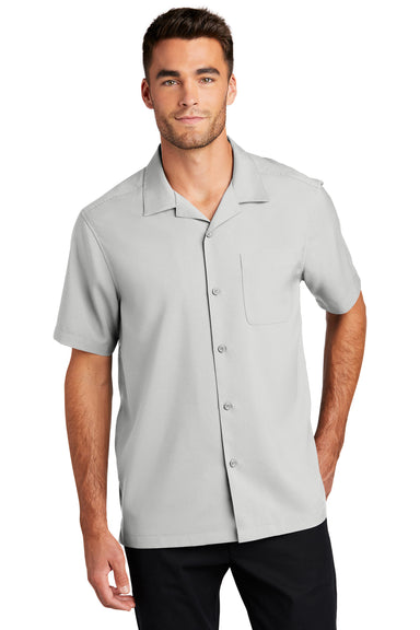 Port Authority Mens Performance Short Sleeve Button Down Camp Shirt Silver Grey Front