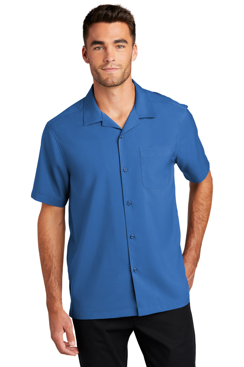 Port Authority Mens Performance Short Sleeve Button Down Camp Shirt True Blue Front