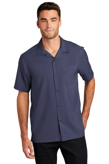 Port Authority Mens Performance Short Sleeve Button Down Camp Shirt True Navy Blue Front