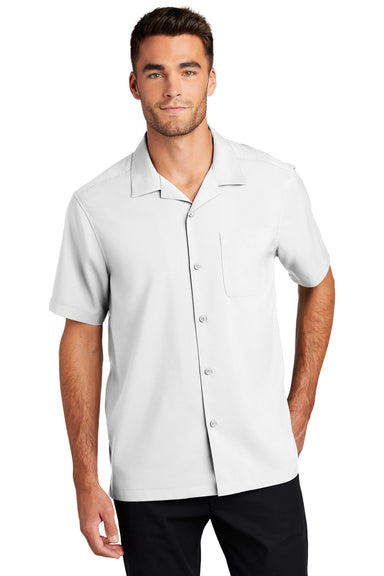 Port Authority Mens Performance Short Sleeve Button Down Camp Shirt White Front