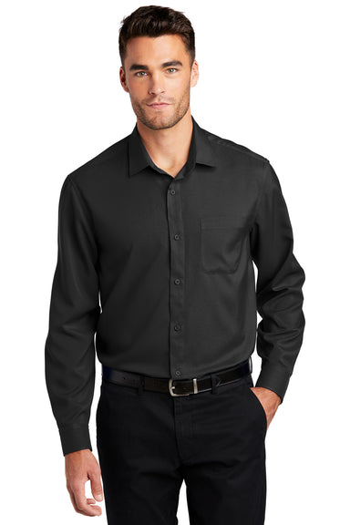 Port Authority Mens Performance Long Sleeve Button Down Shirt w/ Pocket Black Front